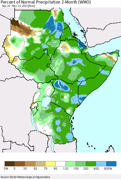 Eastern Africa Percent of Normal Precipitation 2-Month (WMO) Thematic Map For 9/16/2023 - 11/15/2023
