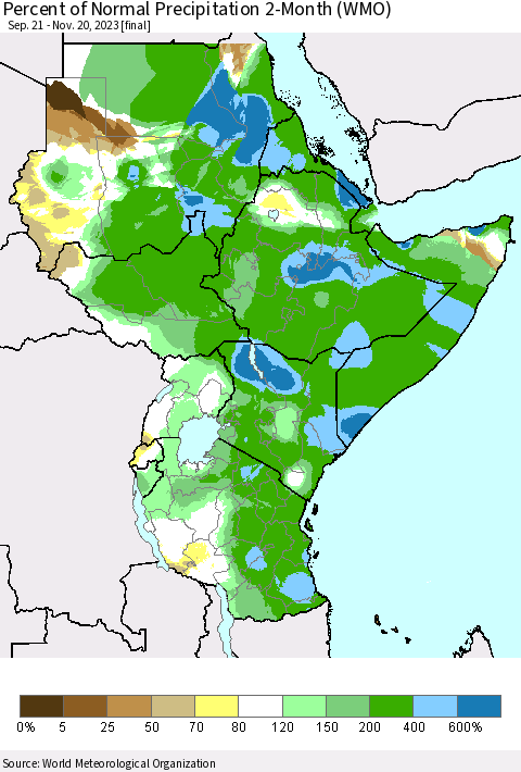 Eastern Africa Percent of Normal Precipitation 2-Month (WMO) Thematic Map For 9/21/2023 - 11/20/2023