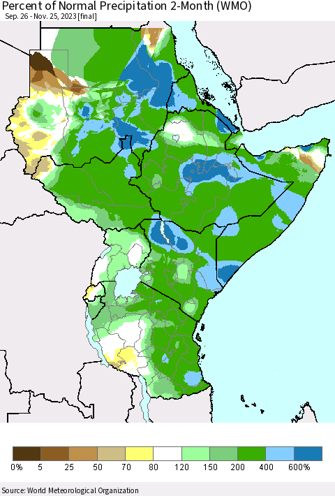 Eastern Africa Percent of Normal Precipitation 2-Month (WMO) Thematic Map For 9/26/2023 - 11/25/2023