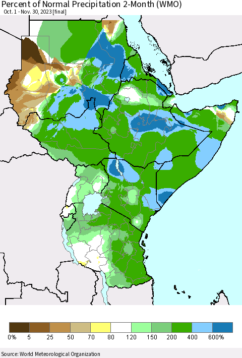 Eastern Africa Percent of Normal Precipitation 2-Month (WMO) Thematic Map For 10/1/2023 - 11/30/2023