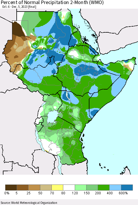 Eastern Africa Percent of Normal Precipitation 2-Month (WMO) Thematic Map For 10/6/2023 - 12/5/2023