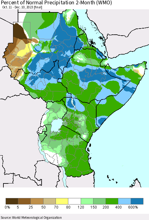 Eastern Africa Percent of Normal Precipitation 2-Month (WMO) Thematic Map For 10/11/2023 - 12/10/2023