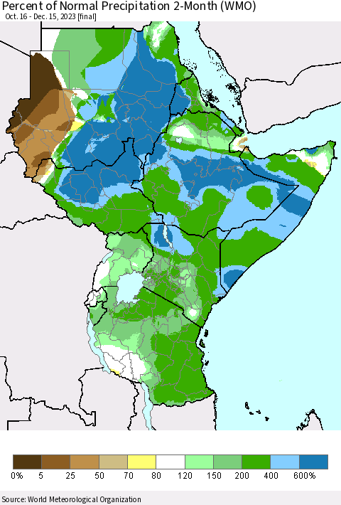 Eastern Africa Percent of Normal Precipitation 2-Month (WMO) Thematic Map For 10/16/2023 - 12/15/2023