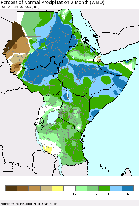 Eastern Africa Percent of Normal Precipitation 2-Month (WMO) Thematic Map For 10/21/2023 - 12/20/2023