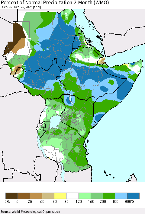Eastern Africa Percent of Normal Precipitation 2-Month (WMO) Thematic Map For 10/26/2023 - 12/25/2023