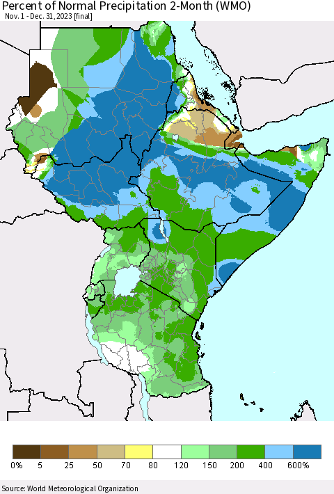 Eastern Africa Percent of Normal Precipitation 2-Month (WMO) Thematic Map For 11/1/2023 - 12/31/2023