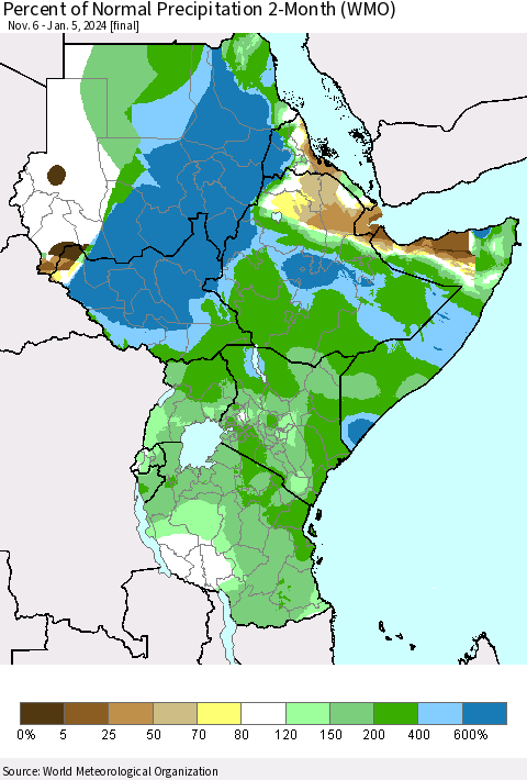 Eastern Africa Percent of Normal Precipitation 2-Month (WMO) Thematic Map For 11/6/2023 - 1/5/2024