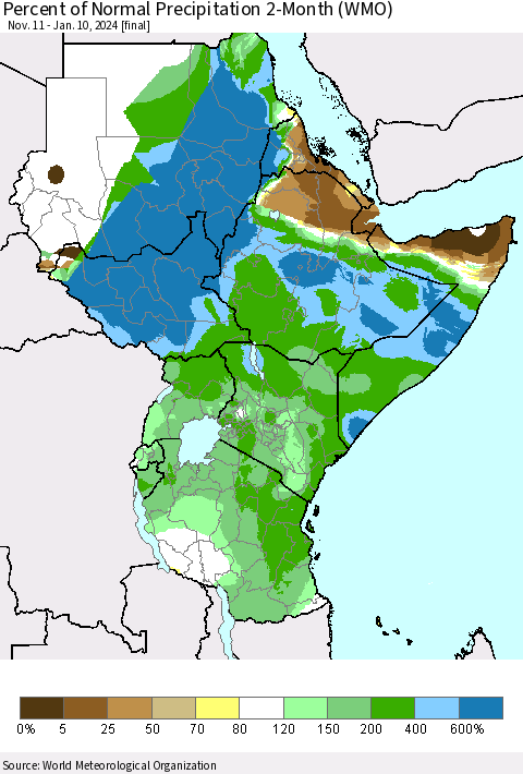 Eastern Africa Percent of Normal Precipitation 2-Month (WMO) Thematic Map For 11/11/2023 - 1/10/2024