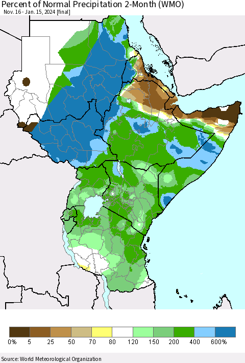 Eastern Africa Percent of Normal Precipitation 2-Month (WMO) Thematic Map For 11/16/2023 - 1/15/2024