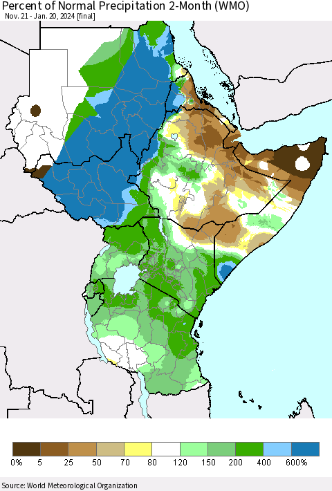 Eastern Africa Percent of Normal Precipitation 2-Month (WMO) Thematic Map For 11/21/2023 - 1/20/2024