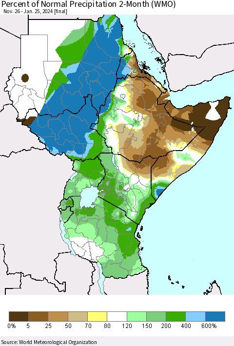 Eastern Africa Percent of Normal Precipitation 2-Month (WMO) Thematic Map For 11/26/2023 - 1/25/2024