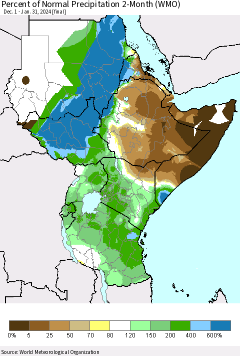 Eastern Africa Percent of Normal Precipitation 2-Month (WMO) Thematic Map For 12/1/2023 - 1/31/2024