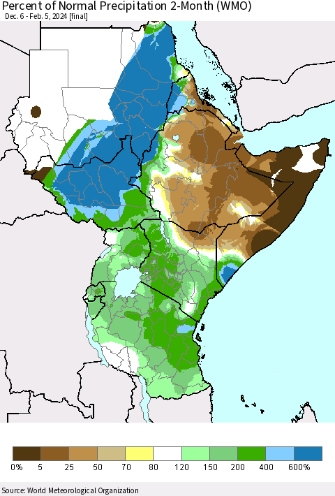 Eastern Africa Percent of Normal Precipitation 2-Month (WMO) Thematic Map For 12/6/2023 - 2/5/2024