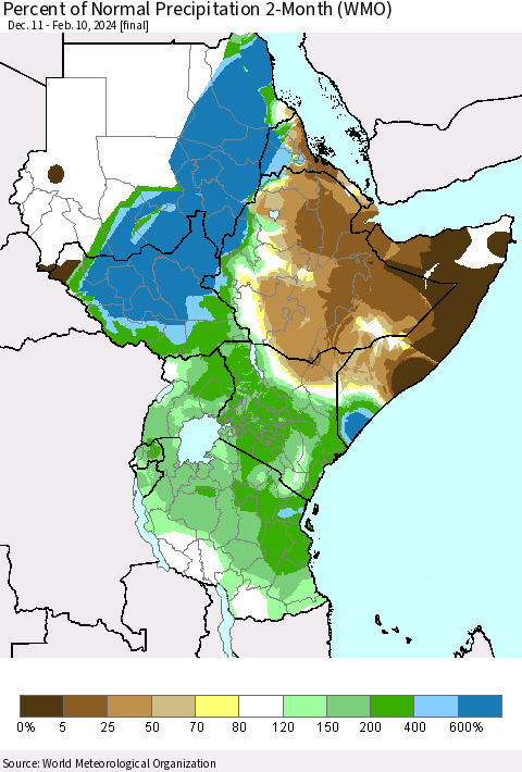 Eastern Africa Percent of Normal Precipitation 2-Month (WMO) Thematic Map For 12/11/2023 - 2/10/2024