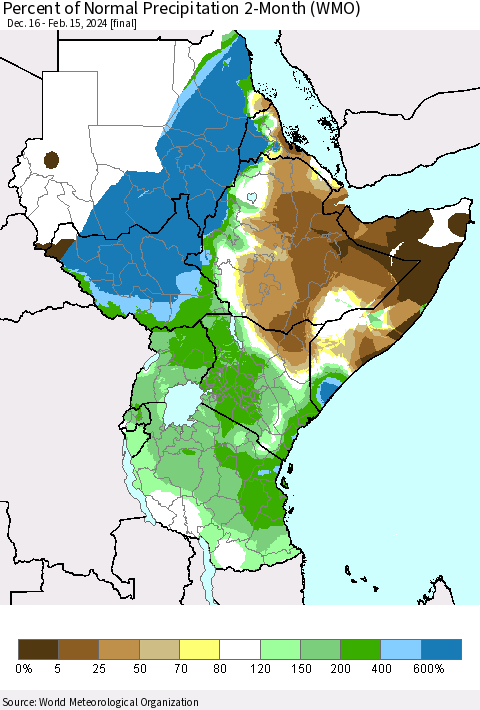 Eastern Africa Percent of Normal Precipitation 2-Month (WMO) Thematic Map For 12/16/2023 - 2/15/2024