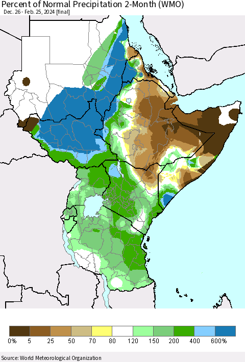 Eastern Africa Percent of Normal Precipitation 2-Month (WMO) Thematic Map For 12/26/2023 - 2/25/2024