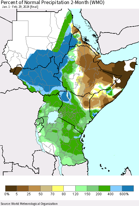 Eastern Africa Percent of Normal Precipitation 2-Month (WMO) Thematic Map For 1/1/2024 - 2/29/2024