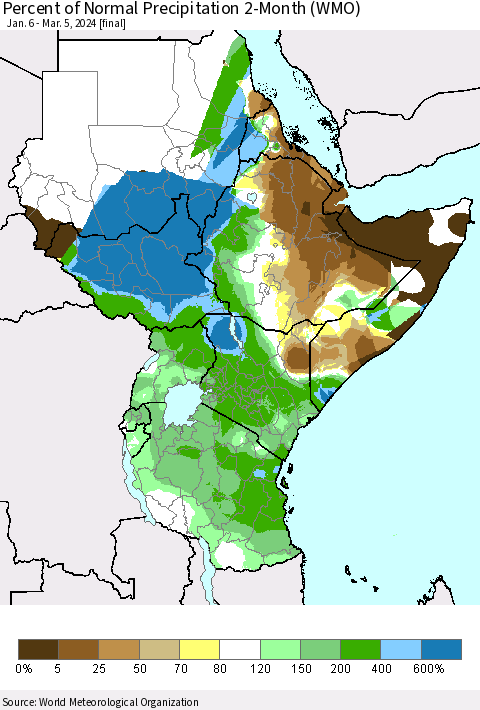 Eastern Africa Percent of Normal Precipitation 2-Month (WMO) Thematic Map For 1/6/2024 - 3/5/2024