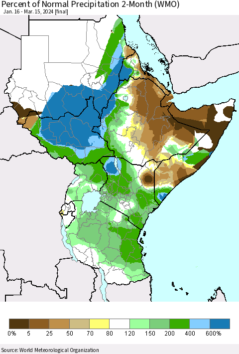 Eastern Africa Percent of Normal Precipitation 2-Month (WMO) Thematic Map For 1/16/2024 - 3/15/2024