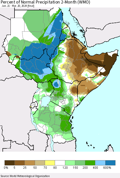 Eastern Africa Percent of Normal Precipitation 2-Month (WMO) Thematic Map For 1/21/2024 - 3/20/2024