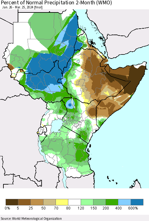 Eastern Africa Percent of Normal Precipitation 2-Month (WMO) Thematic Map For 1/26/2024 - 3/25/2024