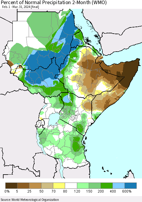 Eastern Africa Percent of Normal Precipitation 2-Month (WMO) Thematic Map For 2/1/2024 - 3/31/2024