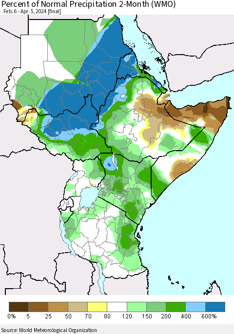 Eastern Africa Percent of Normal Precipitation 2-Month (WMO) Thematic Map For 2/6/2024 - 4/5/2024