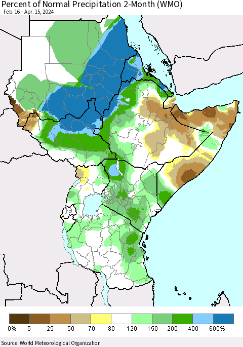 Eastern Africa Percent of Normal Precipitation 2-Month (WMO) Thematic Map For 2/16/2024 - 4/15/2024