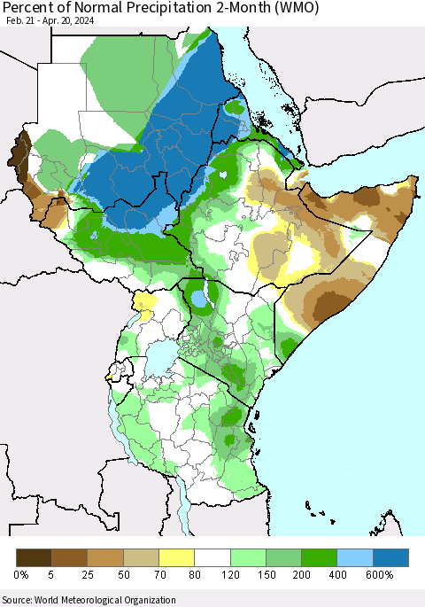 Eastern Africa Percent of Normal Precipitation 2-Month (WMO) Thematic Map For 2/21/2024 - 4/20/2024