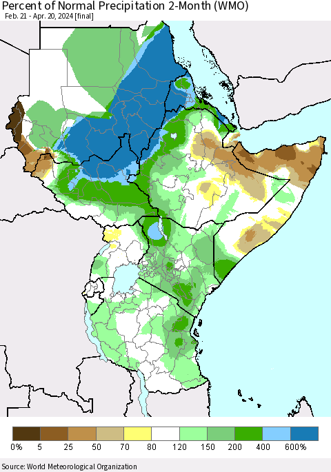 Eastern Africa Percent of Normal Precipitation 2-Month (WMO) Thematic Map For 2/21/2024 - 4/20/2024