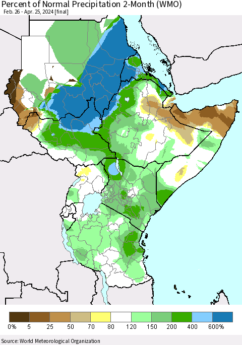 Eastern Africa Percent of Normal Precipitation 2-Month (WMO) Thematic Map For 2/26/2024 - 4/25/2024