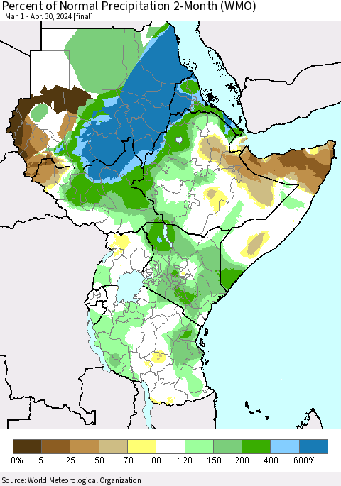 Eastern Africa Percent of Normal Precipitation 2-Month (WMO) Thematic Map For 3/1/2024 - 4/30/2024