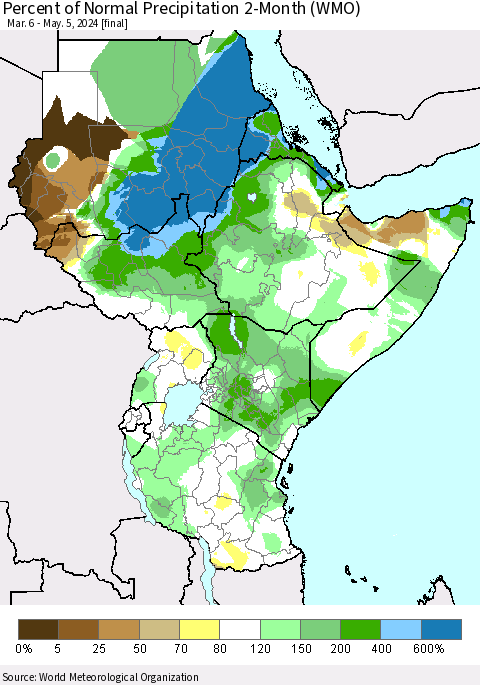 Eastern Africa Percent of Normal Precipitation 2-Month (WMO) Thematic Map For 3/6/2024 - 5/5/2024
