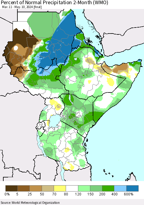 Eastern Africa Percent of Normal Precipitation 2-Month (WMO) Thematic Map For 3/11/2024 - 5/10/2024