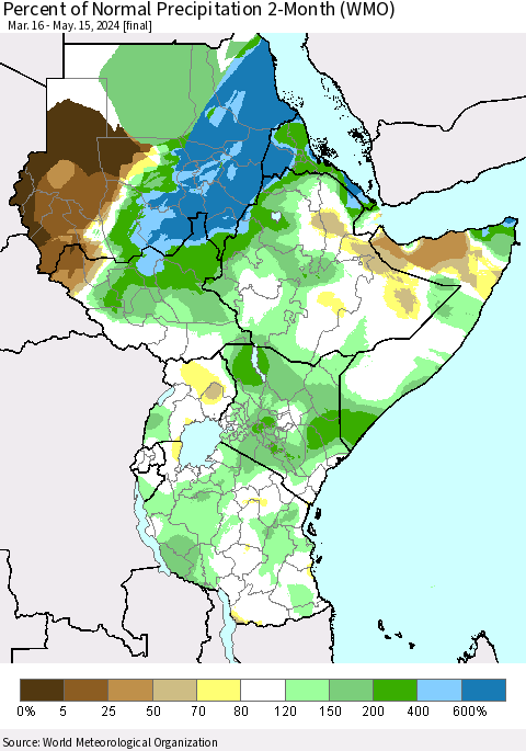 Eastern Africa Percent of Normal Precipitation 2-Month (WMO) Thematic Map For 3/16/2024 - 5/15/2024