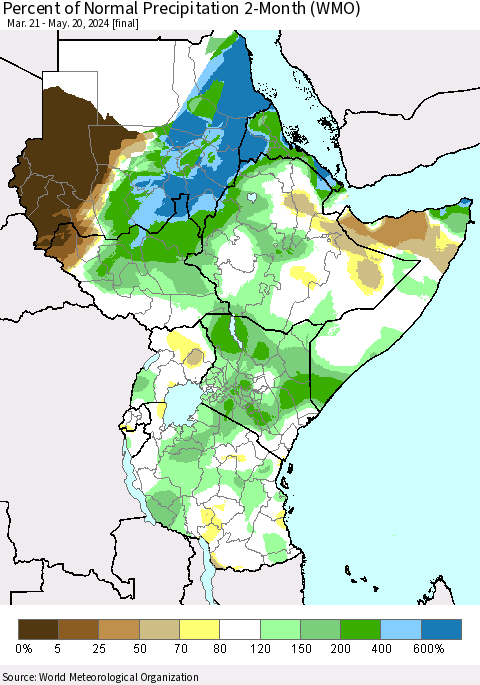 Eastern Africa Percent of Normal Precipitation 2-Month (WMO) Thematic Map For 3/21/2024 - 5/20/2024
