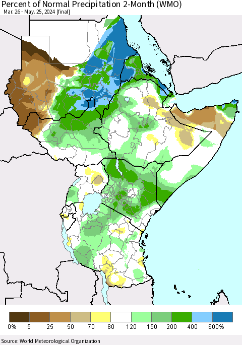 Eastern Africa Percent of Normal Precipitation 2-Month (WMO) Thematic Map For 3/26/2024 - 5/25/2024