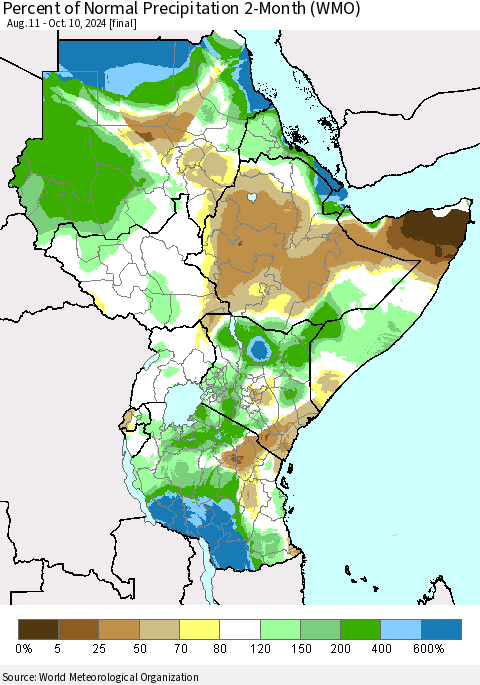 Eastern Africa Percent of Normal Precipitation 2-Month (WMO) Thematic Map For 8/11/2024 - 10/10/2024