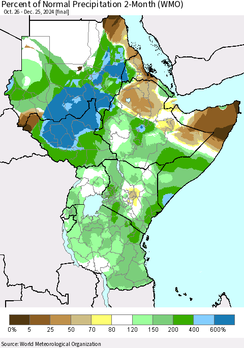 Eastern Africa Percent of Normal Precipitation 2-Month (WMO) Thematic Map For 10/26/2024 - 12/25/2024