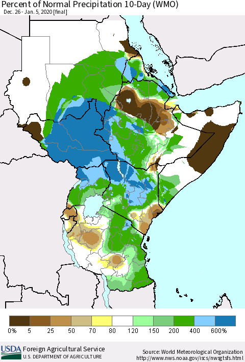 Eastern Africa Percent of Normal Precipitation 10-Day (WMO) Thematic Map For 12/26/2019 - 1/5/2020