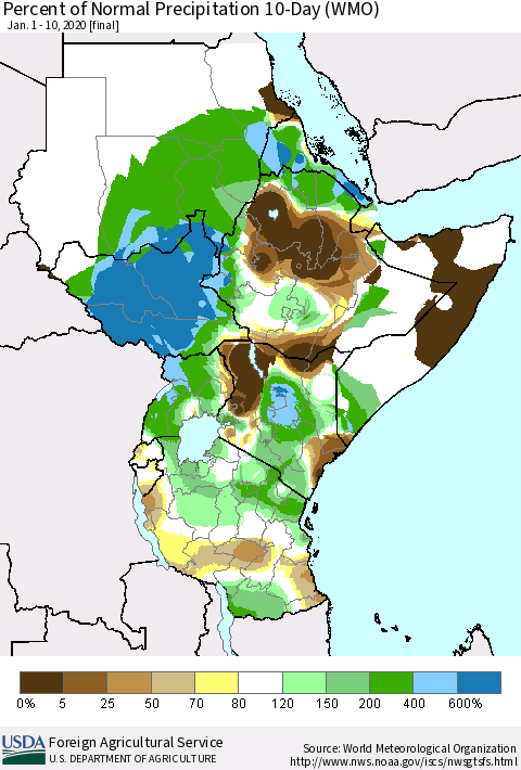 Eastern Africa Percent of Normal Precipitation 10-Day (WMO) Thematic Map For 1/1/2020 - 1/10/2020
