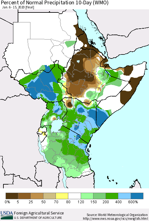 Eastern Africa Percent of Normal Precipitation 10-Day (WMO) Thematic Map For 1/6/2020 - 1/15/2020