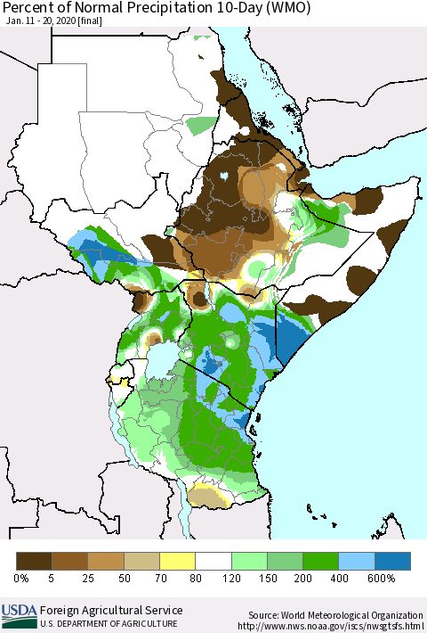 Eastern Africa Percent of Normal Precipitation 10-Day (WMO) Thematic Map For 1/11/2020 - 1/20/2020