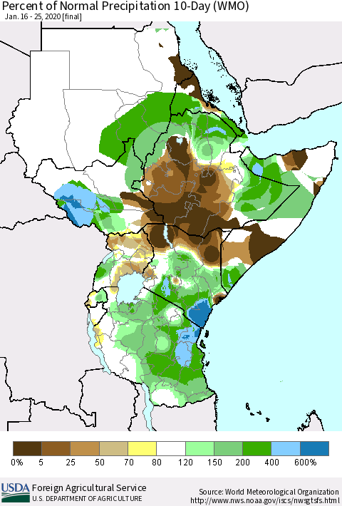 Eastern Africa Percent of Normal Precipitation 10-Day (WMO) Thematic Map For 1/16/2020 - 1/25/2020