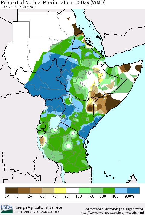 Eastern Africa Percent of Normal Precipitation 10-Day (WMO) Thematic Map For 1/21/2020 - 1/31/2020