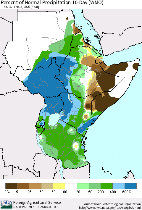 Eastern Africa Percent of Normal Precipitation 10-Day (WMO) Thematic Map For 1/26/2020 - 2/5/2020