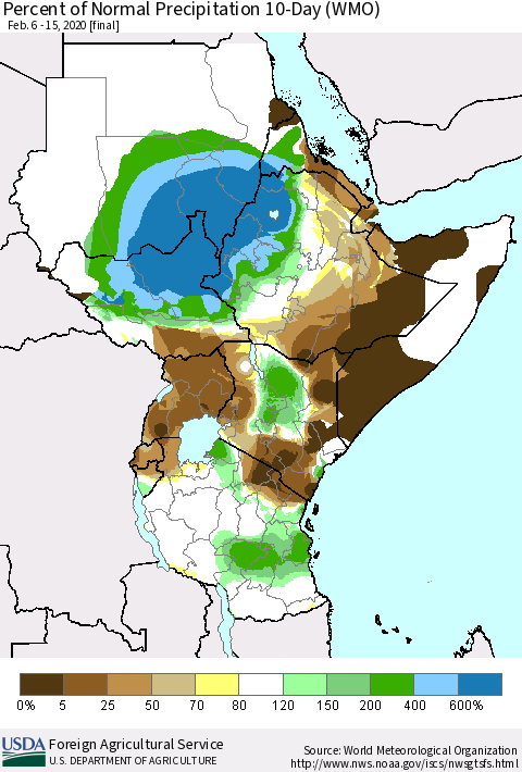 Eastern Africa Percent of Normal Precipitation 10-Day (WMO) Thematic Map For 2/6/2020 - 2/15/2020