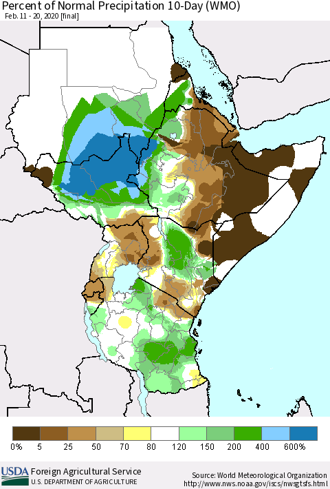 Eastern Africa Percent of Normal Precipitation 10-Day (WMO) Thematic Map For 2/11/2020 - 2/20/2020