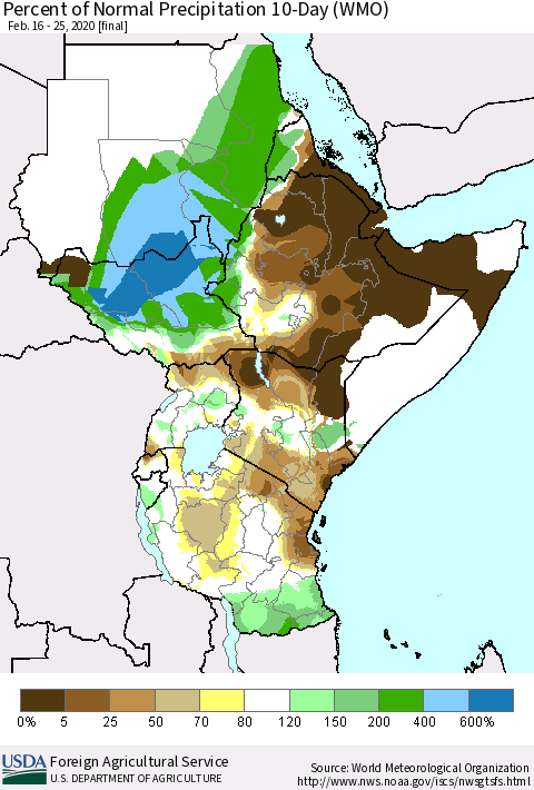 Eastern Africa Percent of Normal Precipitation 10-Day (WMO) Thematic Map For 2/16/2020 - 2/25/2020