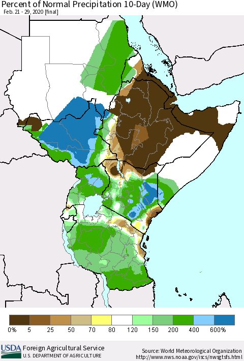 Eastern Africa Percent of Normal Precipitation 10-Day (WMO) Thematic Map For 2/21/2020 - 2/29/2020